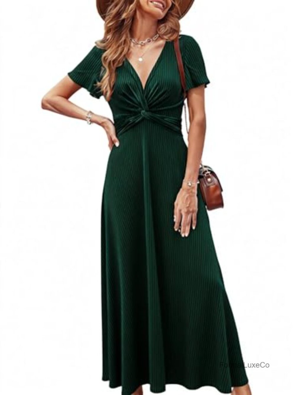 Velvet Twist Front V-Neck Maxi Dress Short Sleeve Wedding Guest